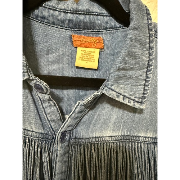 Scully Womens Denim Shirt Fringed Western‎ Button Down Blue Tencel Top - Picture 3 of 4